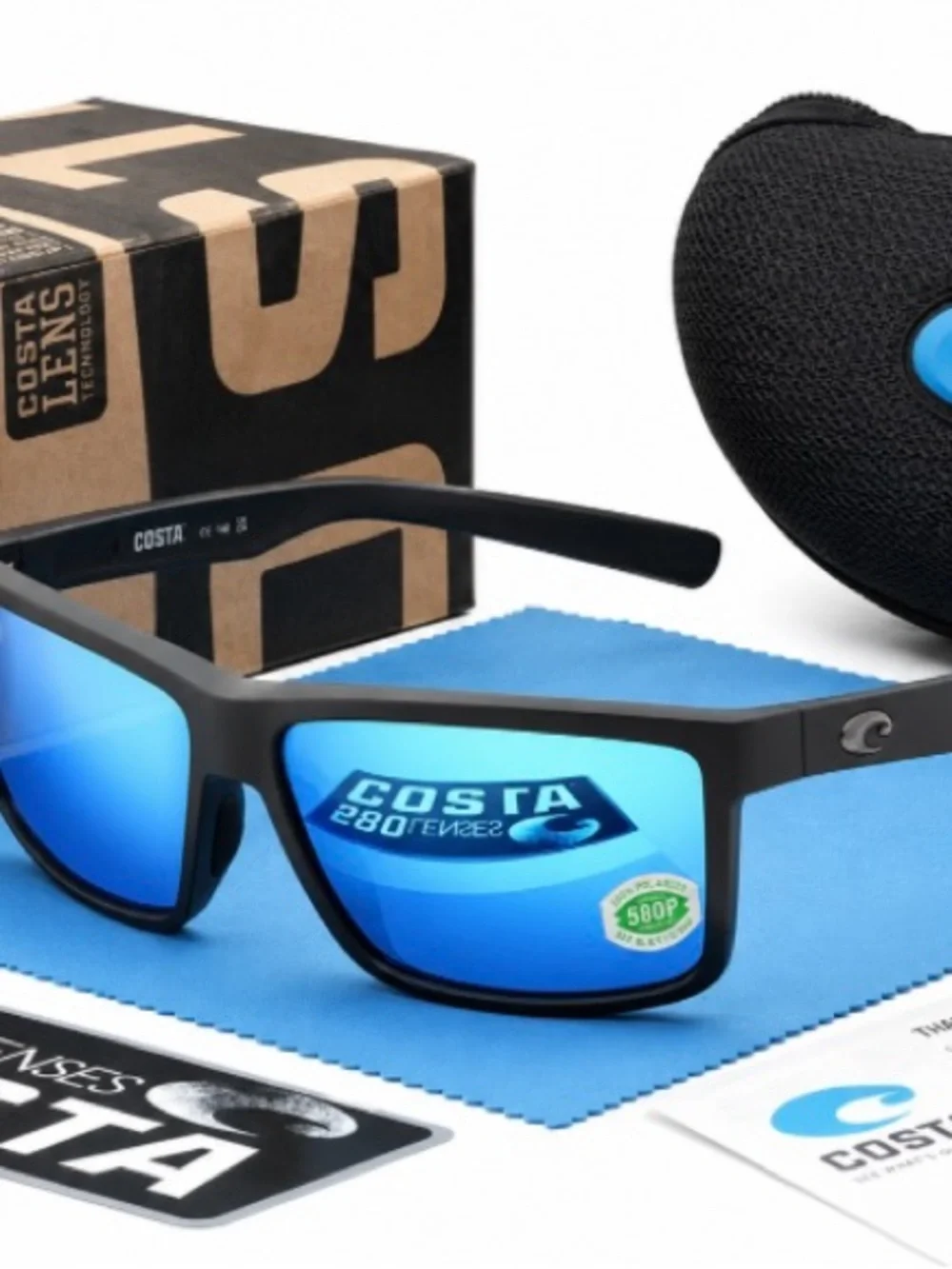 Costa Blue Mirror Sunglasses with Black Frame